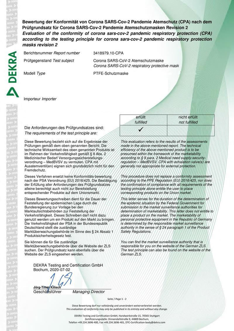 DEKRA ZERTIFIKAT, KN95 Zertifkat, KN95 Atemschutzmaske, Zertifizierung von Atemschutzmasken 